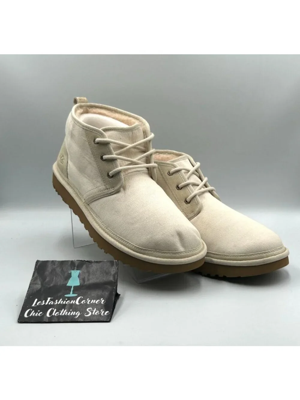 NWOB UGG Mens Beige Canvas Neumel II Wool Lined Lace-Up Chukka Boots Sz 12 3434